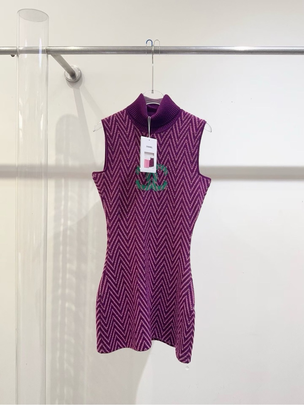 CHANEL Purple Chevron Sleeveless Knit Dress